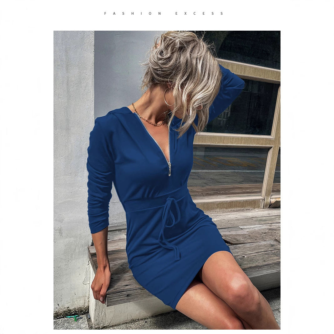 Damen Kapuzenkleid mit Reißverschluss und Taillenzug EB