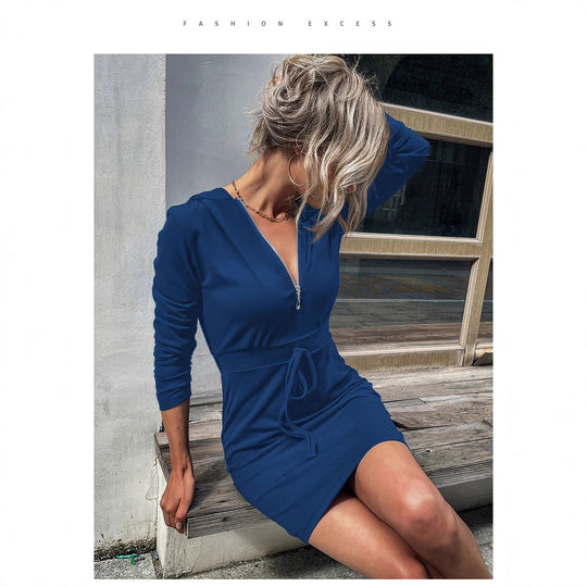 Damen Kapuzenkleid mit Reißverschluss und Taillenzug EB