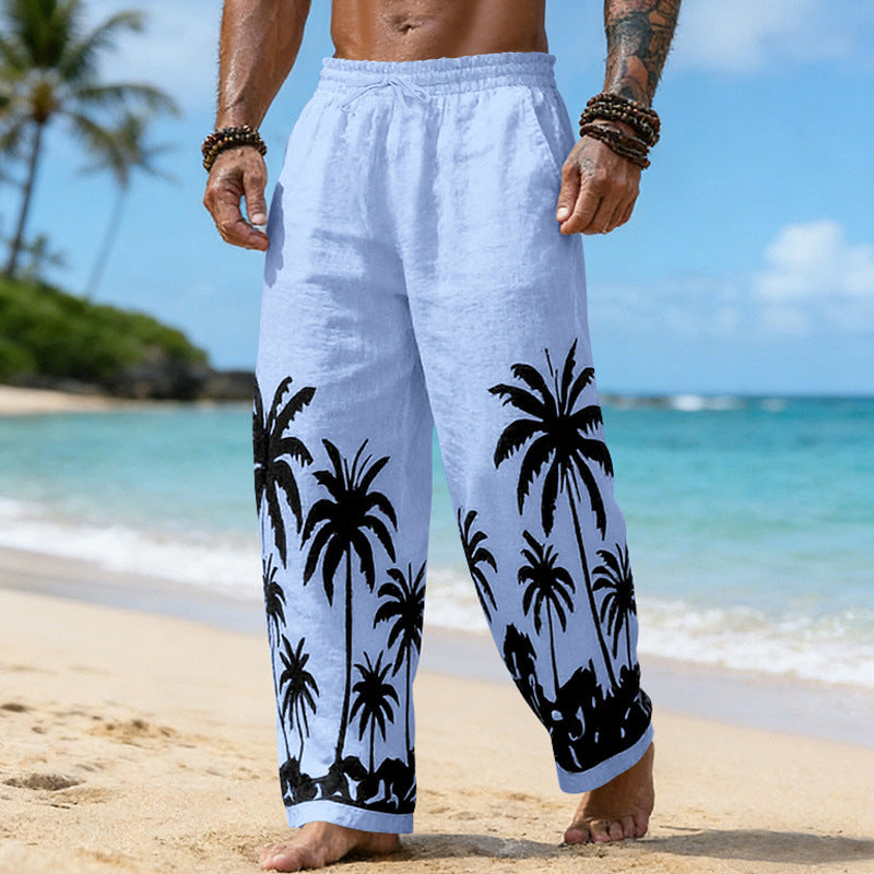 Herren Lässige weite Leinenhose mit elastischem Bund und tonalem Palmenprint EB