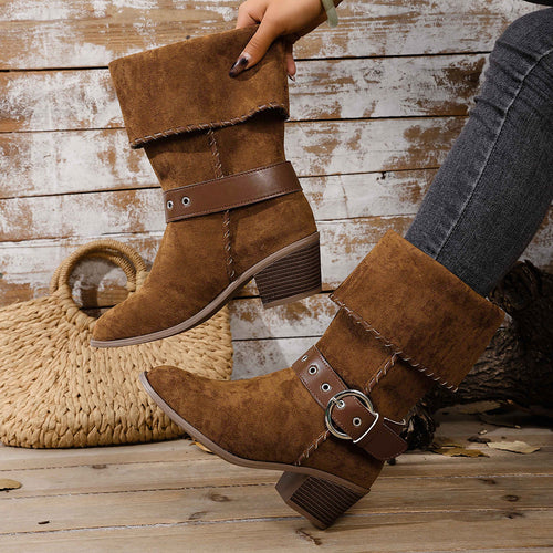 Damen modische Ankle-Boots mit breitem Umschlag und dekorativem Riemchen EB