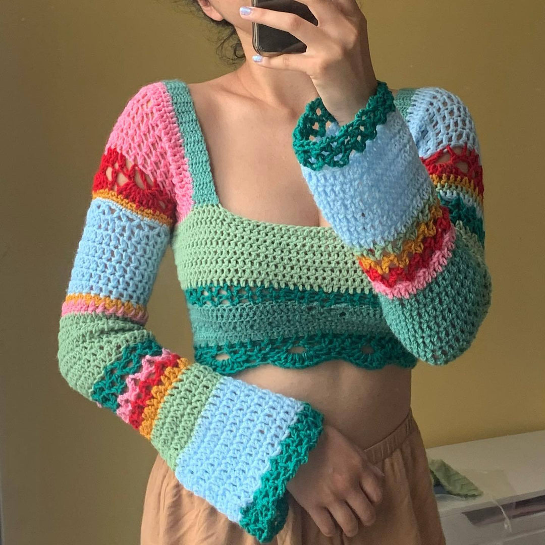 Damen gehäkeltes Crop-Top mit langen Ärmeln und ausgefallenem Saum EB