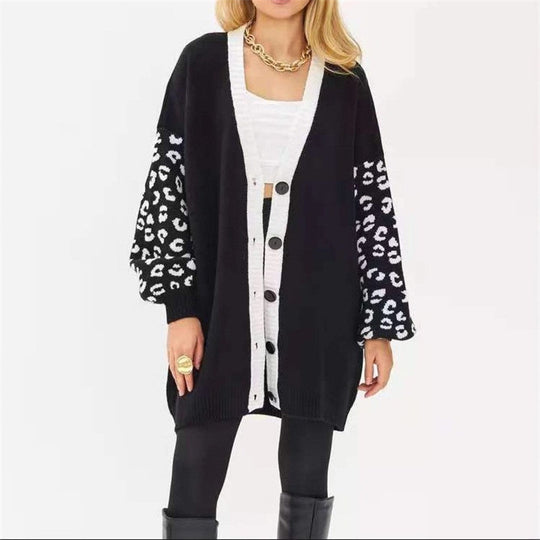 Damen Grobstrick Cardigan mit Leopardenmuster und Knopfdetaillierung EB