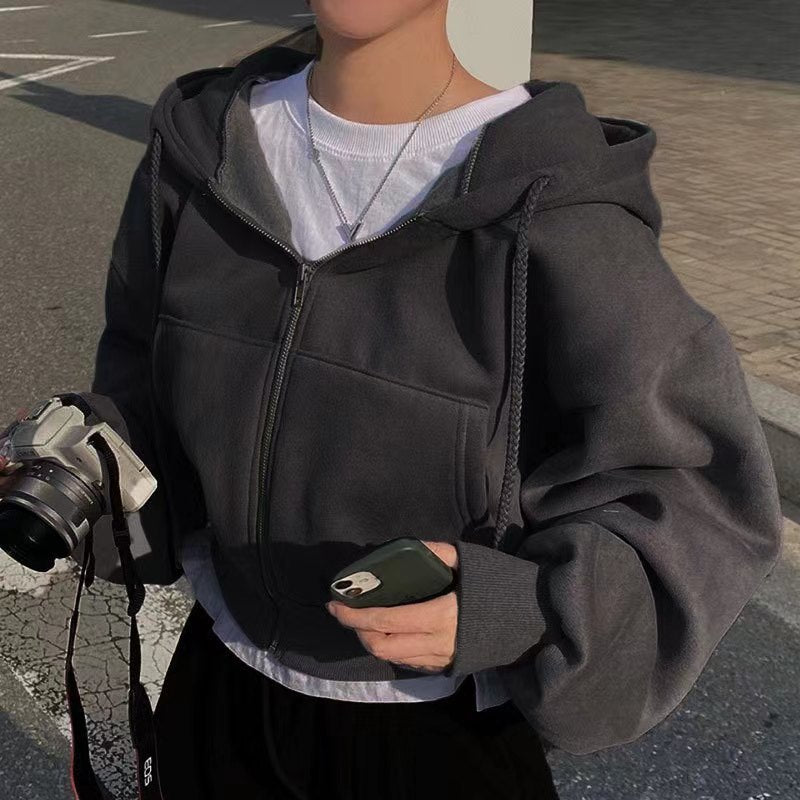 Damen nan oversized cropped Kapuzenjacke mit Reißverschluss und Ballonärmeln EB