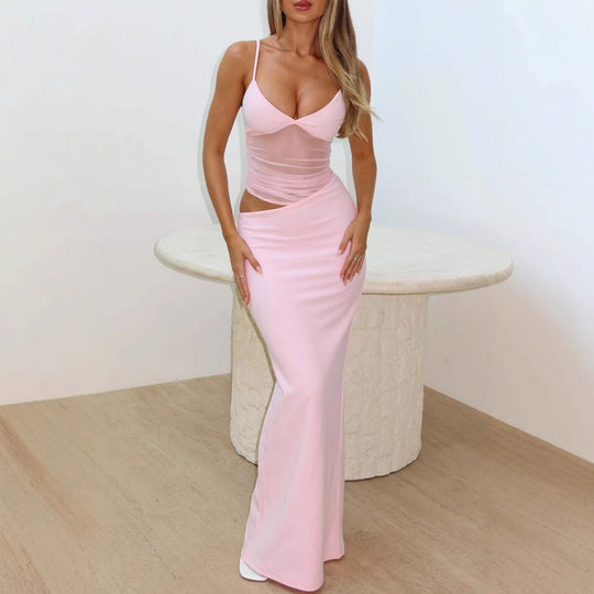 Damen elegantes bodenlanges Wickelkleid mit feinen Trägern und figurformendem Design EB