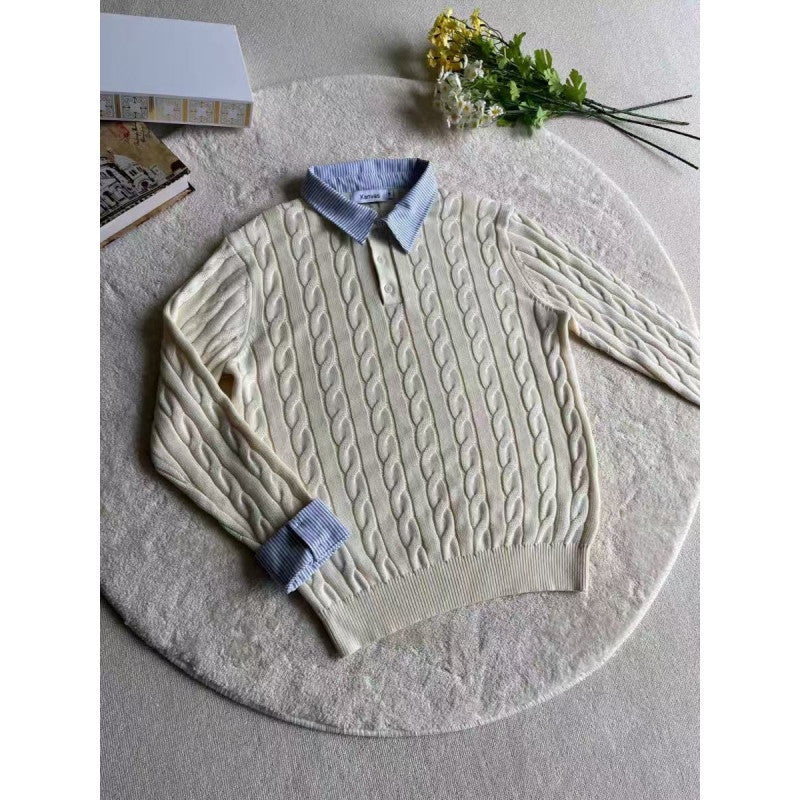 Damen nan gestrickter Polo-Pullover mit Zopfmuster und eingesetztem Hemdkragen EB