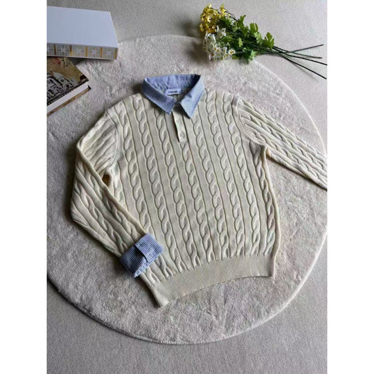 Damen nan gestrickter Polo-Pullover mit Zopfmuster und eingesetztem Hemdkragen EB