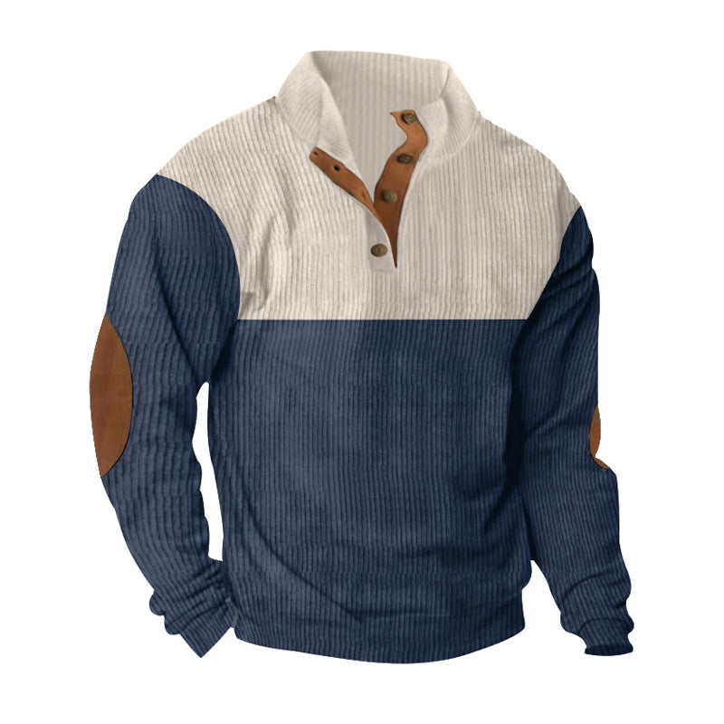 Herren nan gerippter Pullover mit Stehkragen, Knopfleiste und Ellbogen-Patches EB