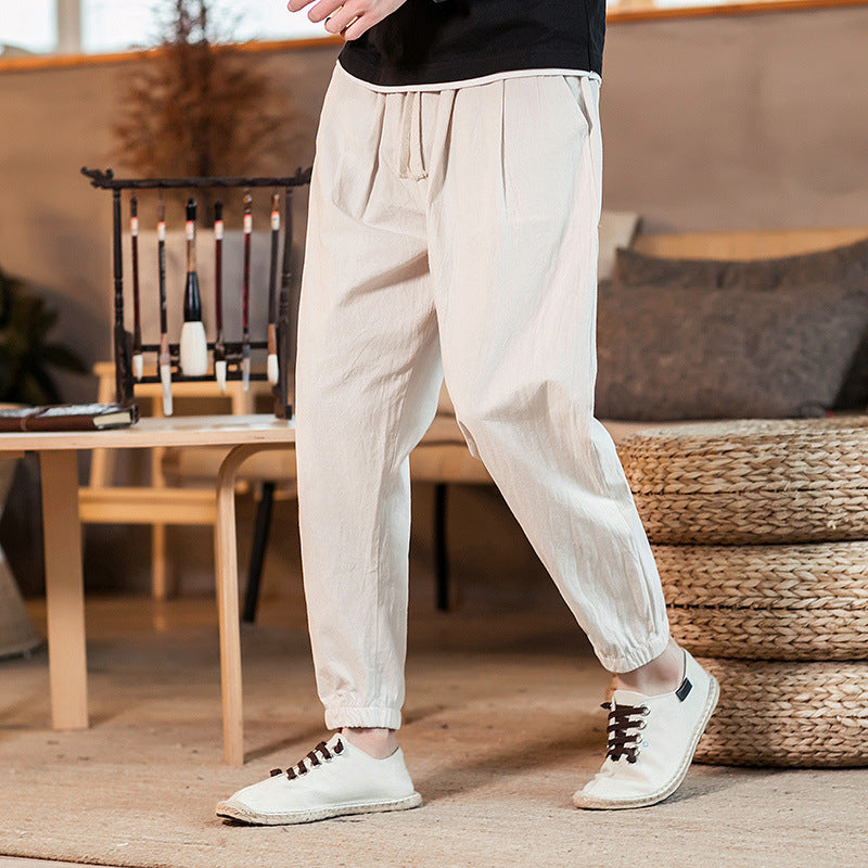Herren nan leichte Baumwoll-Leinen Jogginghose mit Kordelzug elastischen Bündchen und Seitentaschen EB