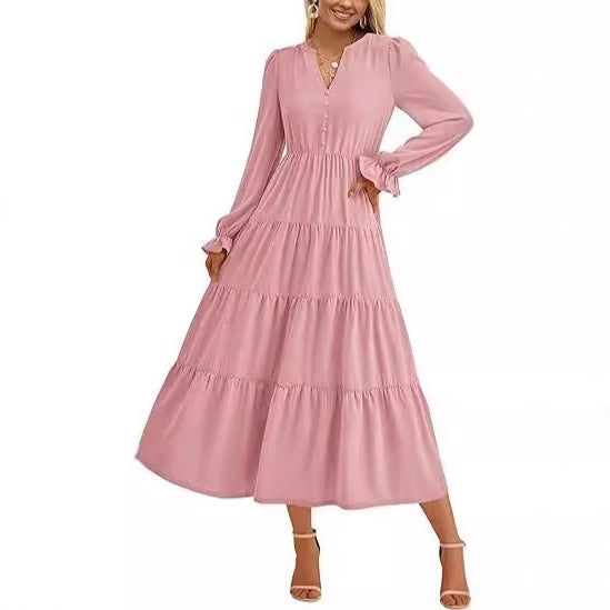 Damen Maxikleid mit knopfverzierter Front und voluminösen Ärmeln EB
