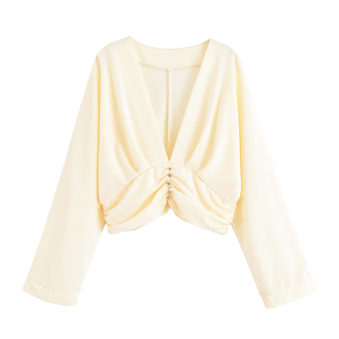 Damen legeres Blusenshirt mit Raffung und tiefem V-Ausschnitt EB