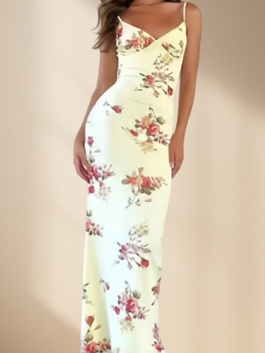 Damen Elegantes Maxikleid mit feinem floralem Design und Spaghettiträgern EB