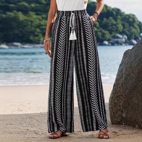 Damen Palazzo-Hose mit elastischem Bund und auffälligem Muster EB