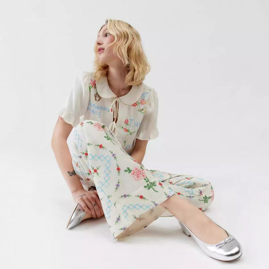 Damen Kombi-Set mit romantischem Stickdesign und lockerem Schnitt EB