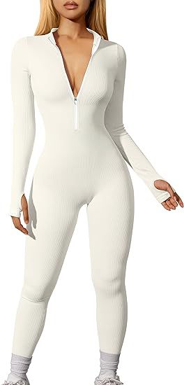 Damen nan figurbetonter Ripp-Jumpsuit mit hohem Halsausschnitt, langem Arm und sculptender Nahtführung EB