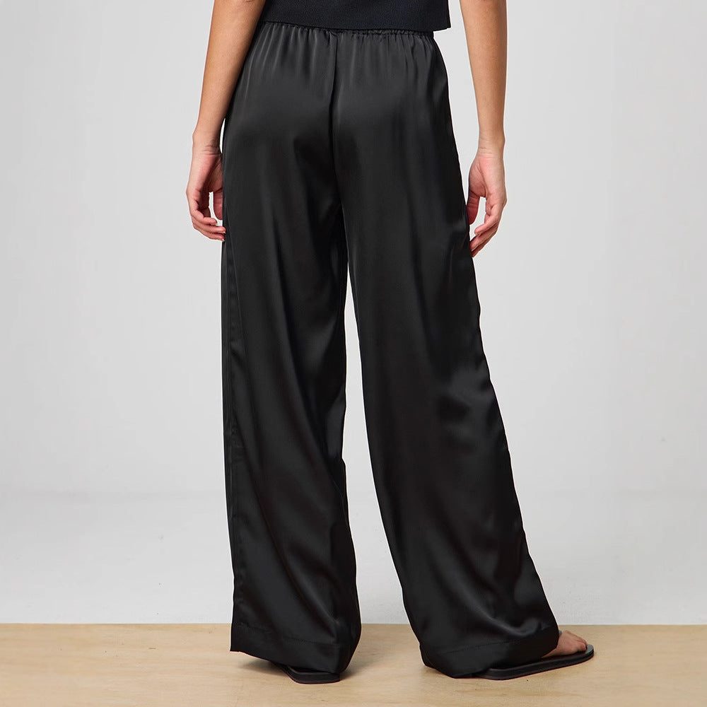 Damen Elegante Weite Satin-Hose mit hochgezogenem Bund und Bindegürtel EB