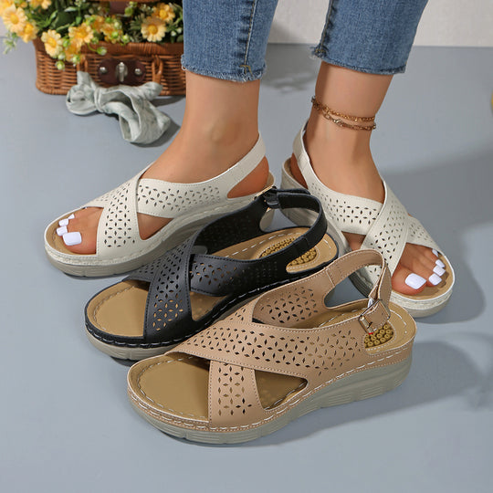 Damen Komfortable und atmungsaktive Wedge-Sandalen mit floralem Lochdesign EB