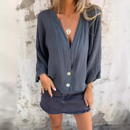Damen luftige Bluse mit tiefem V-Ausschnitt und Knopfdetails EB
