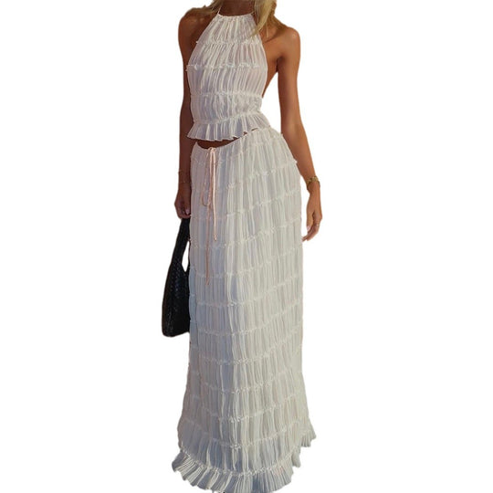 Damen luftiges Maxi-Kleid mit zarten Rüschendetails und verstellbarem Oberteil EB