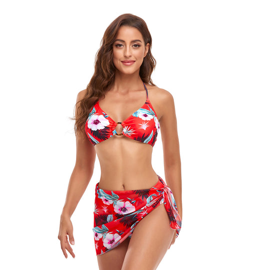 Damen Triangel-Bikini-Set mit modischem Wickelrock und floralem Design EB
