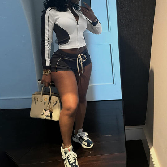 Damen Sportliches Kurzarm-Set mit Reißverschluss und Shorts EB