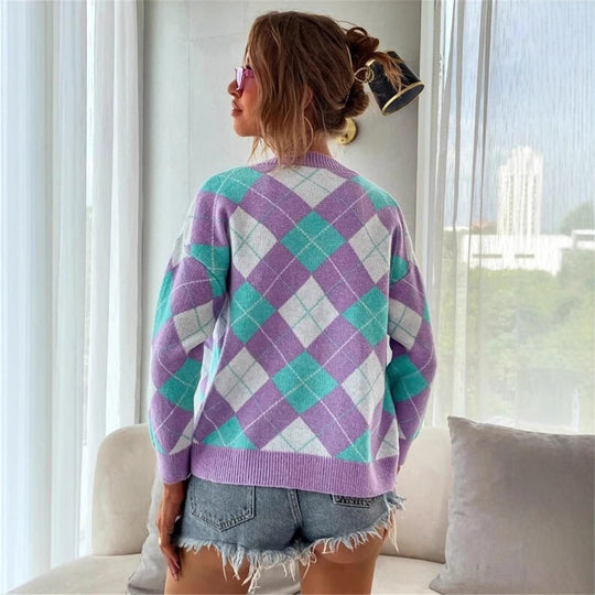 Damen Karierte Strickjacke mit Knöpfen und V-Ausschnitt EB