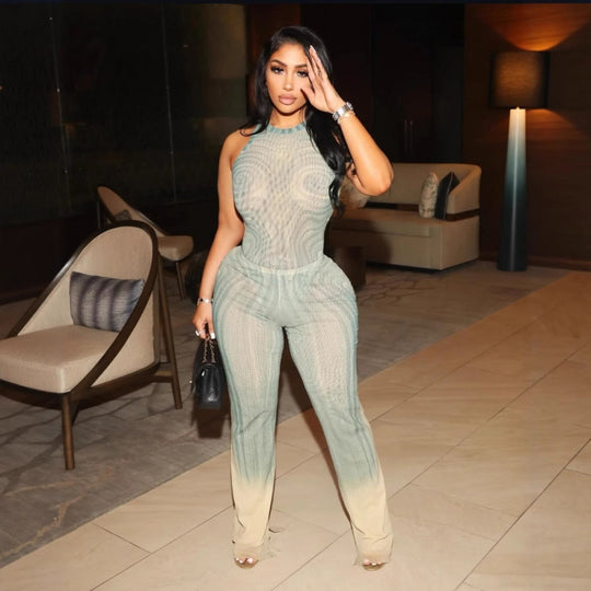 Damen Eleganter Mesh Jumpsuit mit Racerback und figurbetonter Silhouette EB