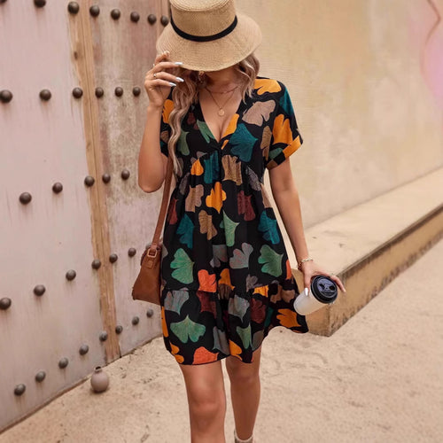 Damen lässiges Freizeitkleid im Boho-Stil mit voluminösem Rock und elastischem Tailleneinsatz EB