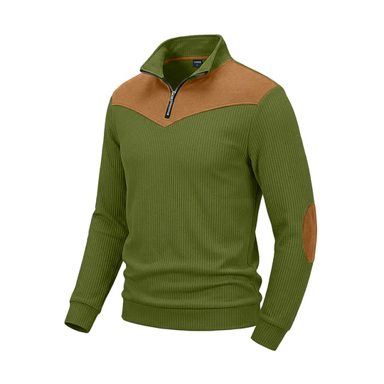 Herren Strickpullover mit Troyerkragen, Rippenstruktur und Ellbogen-Patches EB