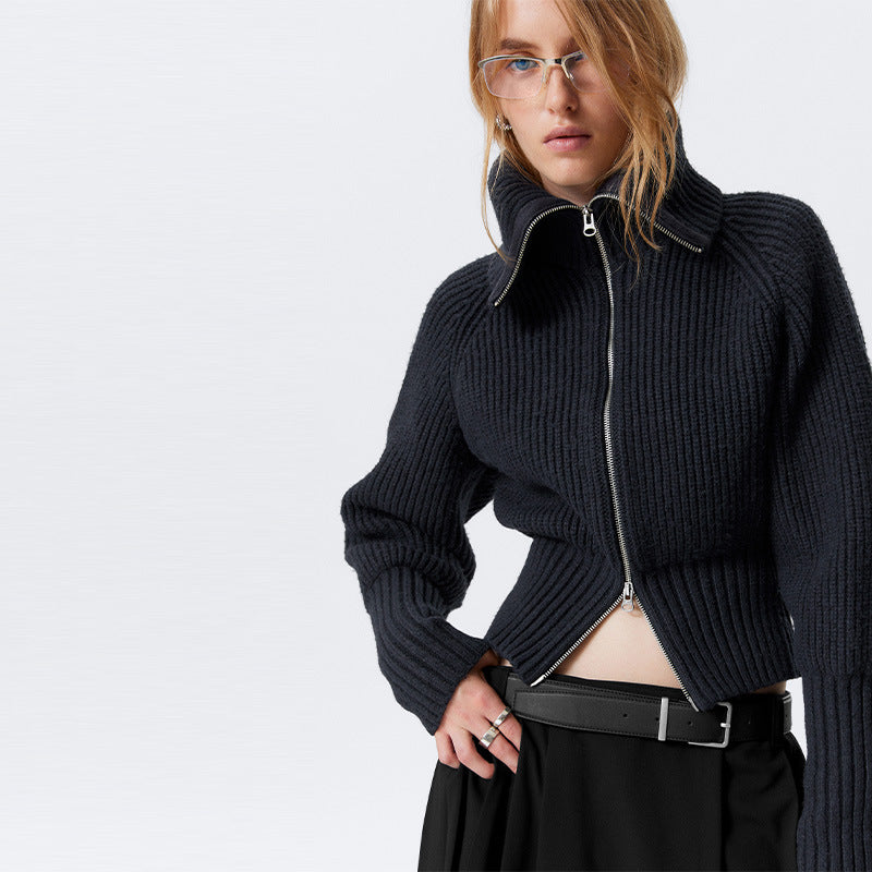 Damen Strickjacke mit hohem Kragen und modischem Reißverschluss EB