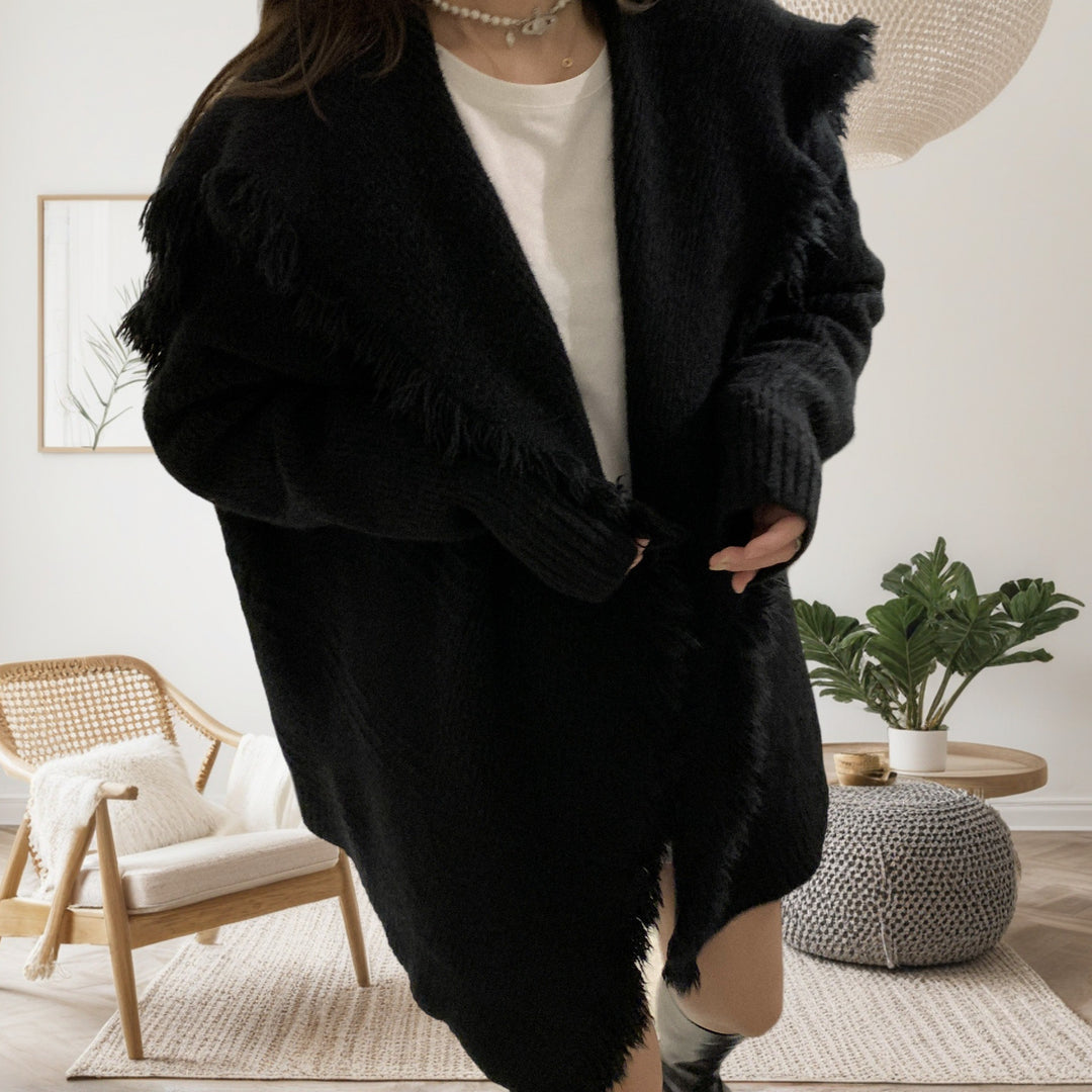 Damen Oversized Strickjacke mit fransigen Details und offenem Schnitt EB