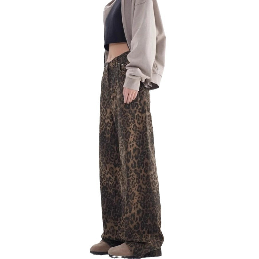 Damen Weite Leoparden-Jeans mit lässigem Schnitt und hoch tailliertem Design EB
