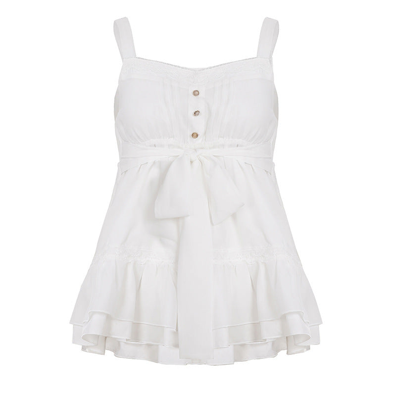 Damen luftiges Spaghetti-Trägertop mit Rüschendetails und dekorativer Schleife EB