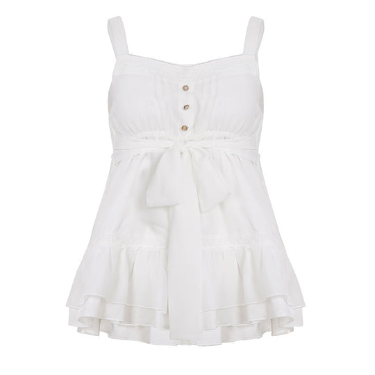 Damen luftiges Spaghetti-Trägertop mit Rüschendetails und dekorativer Schleife EB