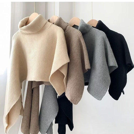 Damen Strickponcho mit hochgeschlossenem Kragen und eleganter Rippstruktur EB