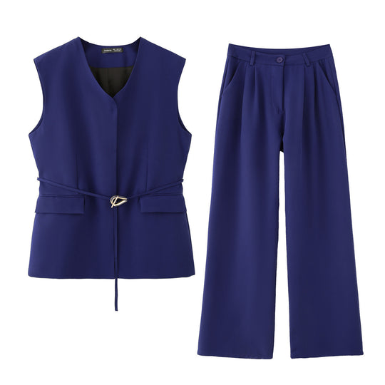 Damen elegantes Blazer- und Hosen-Ensemble mit modernem Gürtel EB