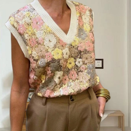 Damen Glamouröses Strickoberteil mit Blumenapplikationen und funkelnden Pailletten EB