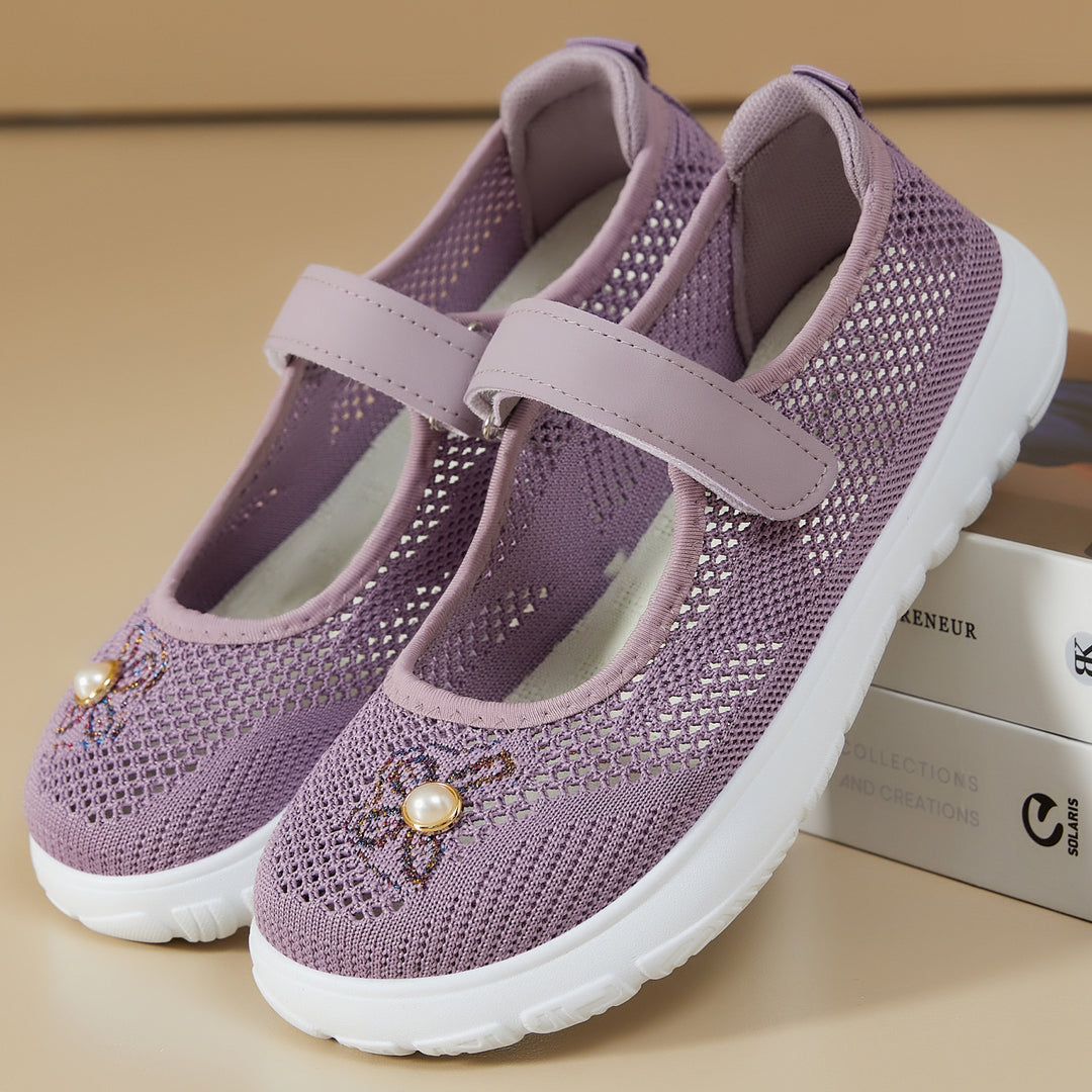 Damen nan gestrickter Mary-Jane-Sneaker mit Klettriemen, atmungsaktivem Strickoberteil, dekorativer Perlenapplikation und dämpfender EVA-Sohle EB