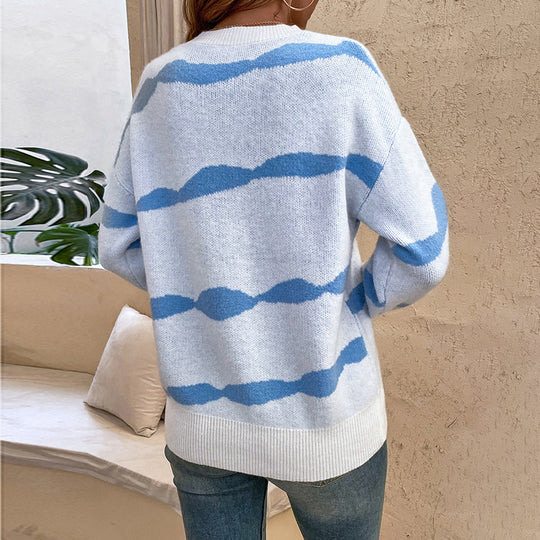 Damen lässiger Pullover mit modernem Wellenmuster und weitem Schnitt EB