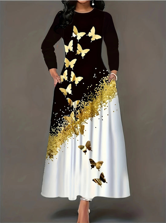 Damen Maxikleid mit elegantem Schmetterlingsdesign und goldenen Akzenten EB
