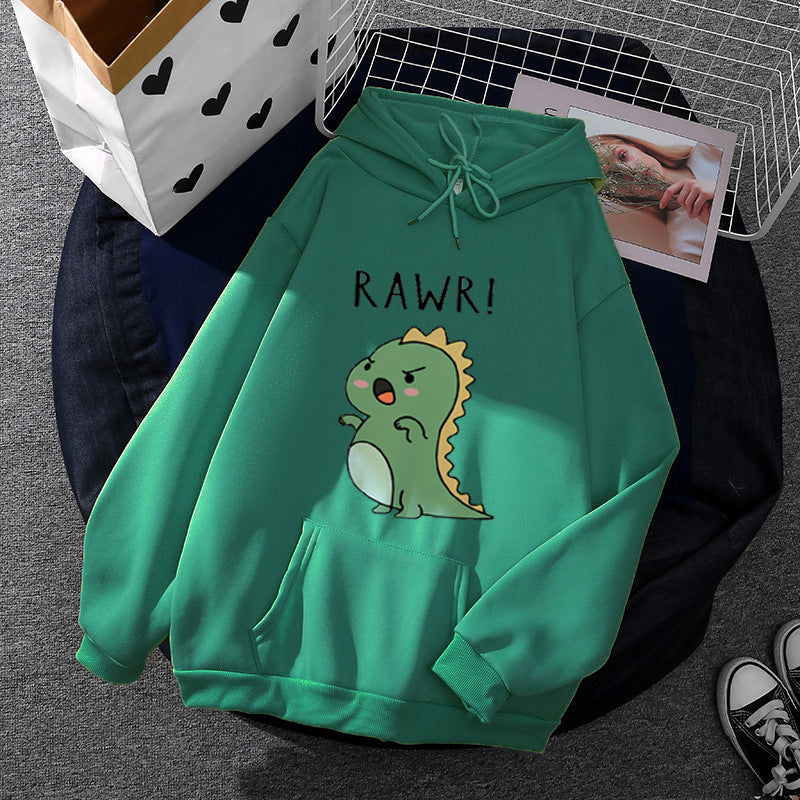 Damen nan Oversize-Kapuzenpullover mit kawaii Dinosaurier-Motiv, gerippten Bündchen und Kängurutasche EB