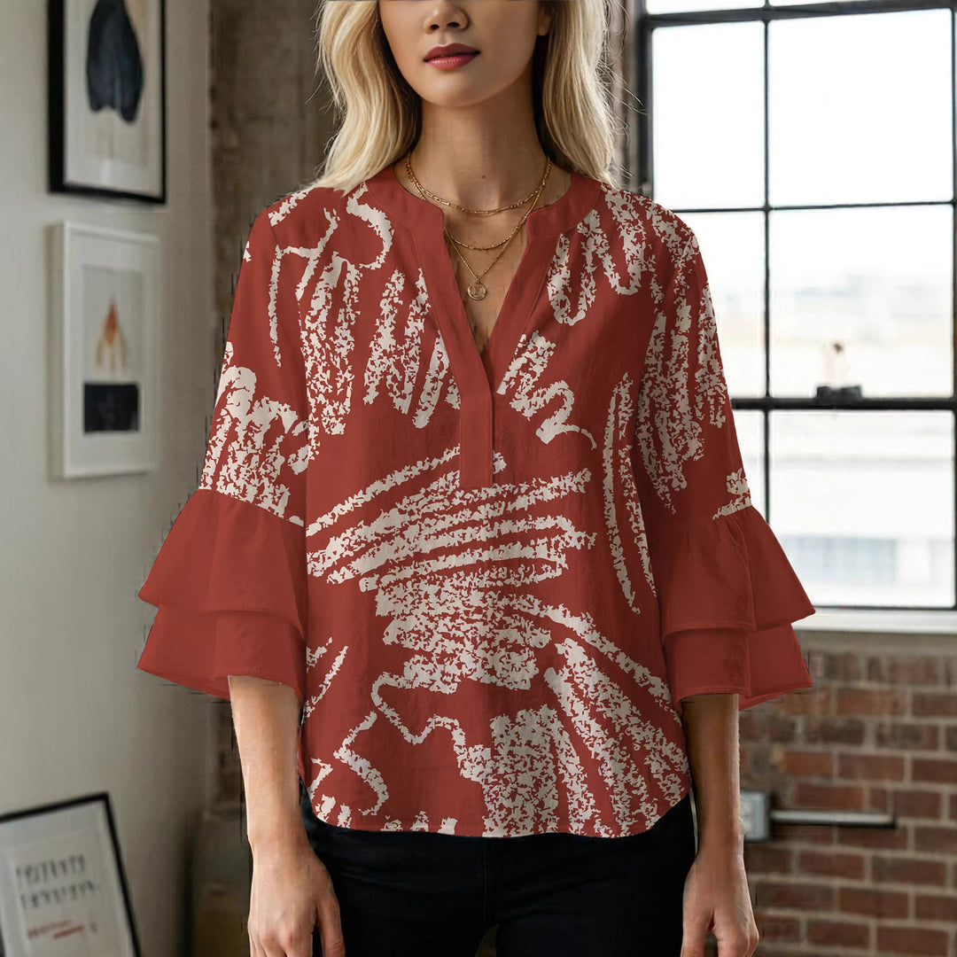 Damen elegantes Blusenshirt mit voluminösen Rüsenärmeln und grafischem Blumendesign EB