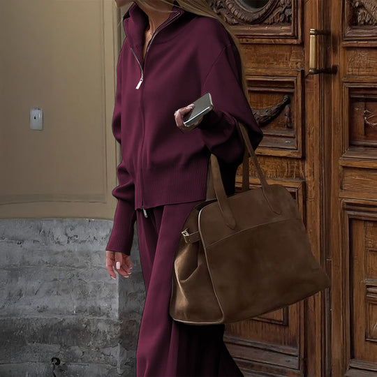 Damen nan Strick-Loungewear-Set mit halbhohem Kragen, Reißverschluss und weitem Highwaist-Hose EB