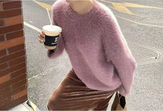 Damen Flauschiger Pullover mit lässigem Schnitt und hohem Rundhalsausschnitt EB