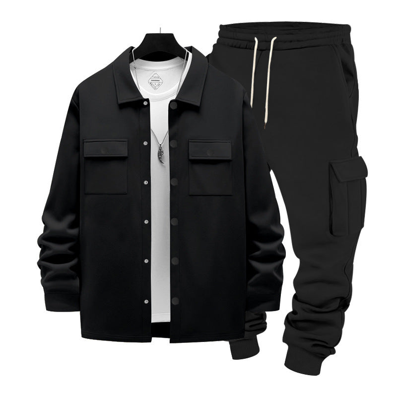 Herren nan lässiges Baumwoll-Misch Overshirt und Cargo-Jogger Set mit Kordelzug, Pattentaschen und elastischen Bündchen EB
