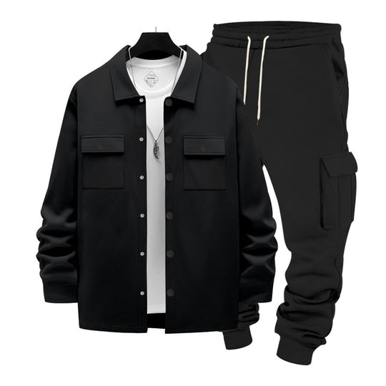 Herren nan lässiges Baumwoll-Misch Overshirt und Cargo-Jogger Set mit Kordelzug, Pattentaschen und elastischen Bündchen EB