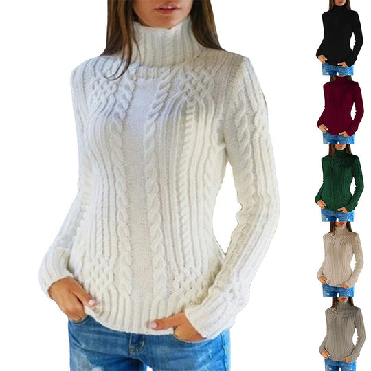 Damen Hochwertiger Strickpullover mit Stehkragen und Zopfmuster EB