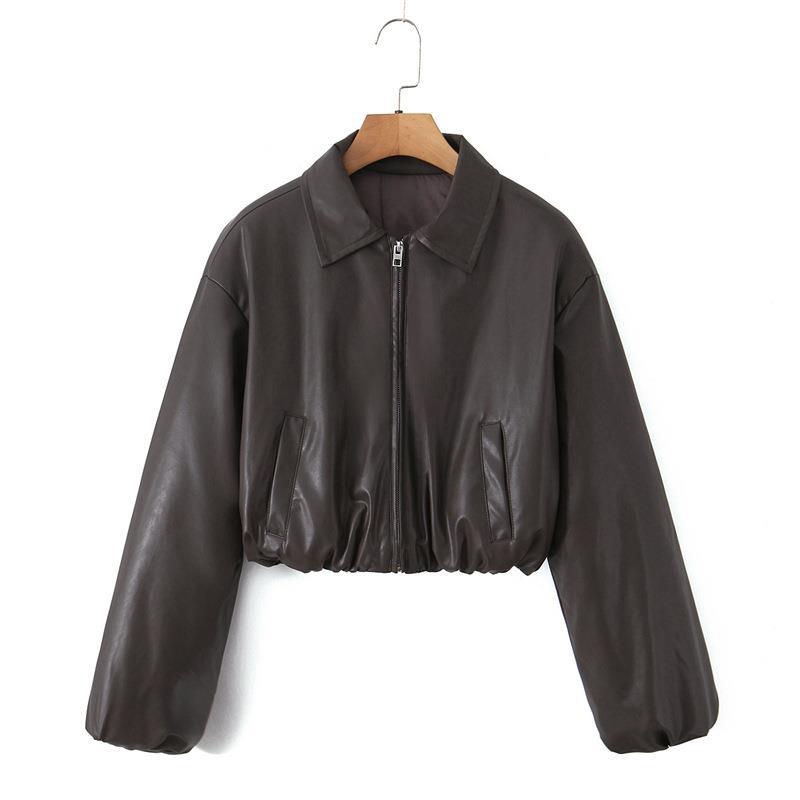 Damen cropped Kunstlederjacke mit praktischen Taschen und Gummibund EB