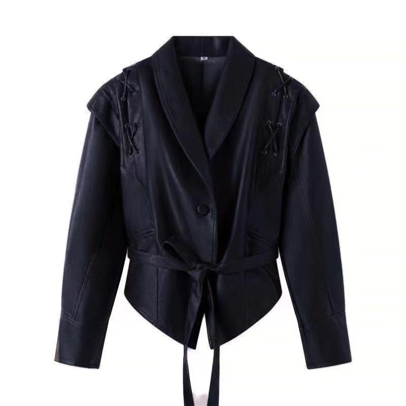 Damen Modische Bikerjacke mitTaillengürtel und dekorativen Nähten EB
