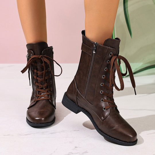 Damen nan knöchelhohe Schnürstiefel aus Lederimitat mit seitlichem Reißverschluss und strapazierfähiger Profilsohle EB