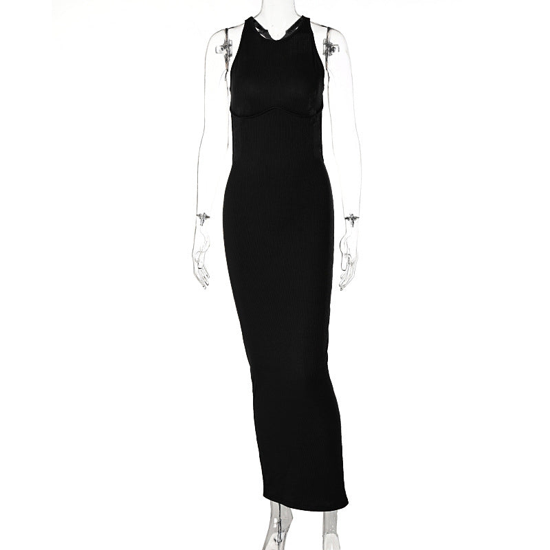 Damen körpernahes Strick-Maxi-Kleid mit raffiniertem Ausschnitt und langen Trägern EB